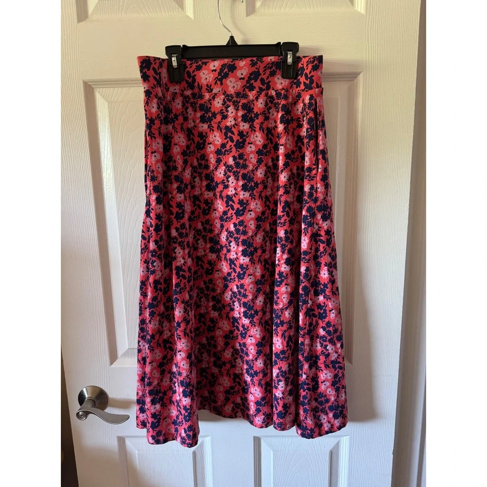 Pact Skirt Women Size Medium Pink Floral Organic Cotton Stretch Midi A-Line - Picture 3 of 6